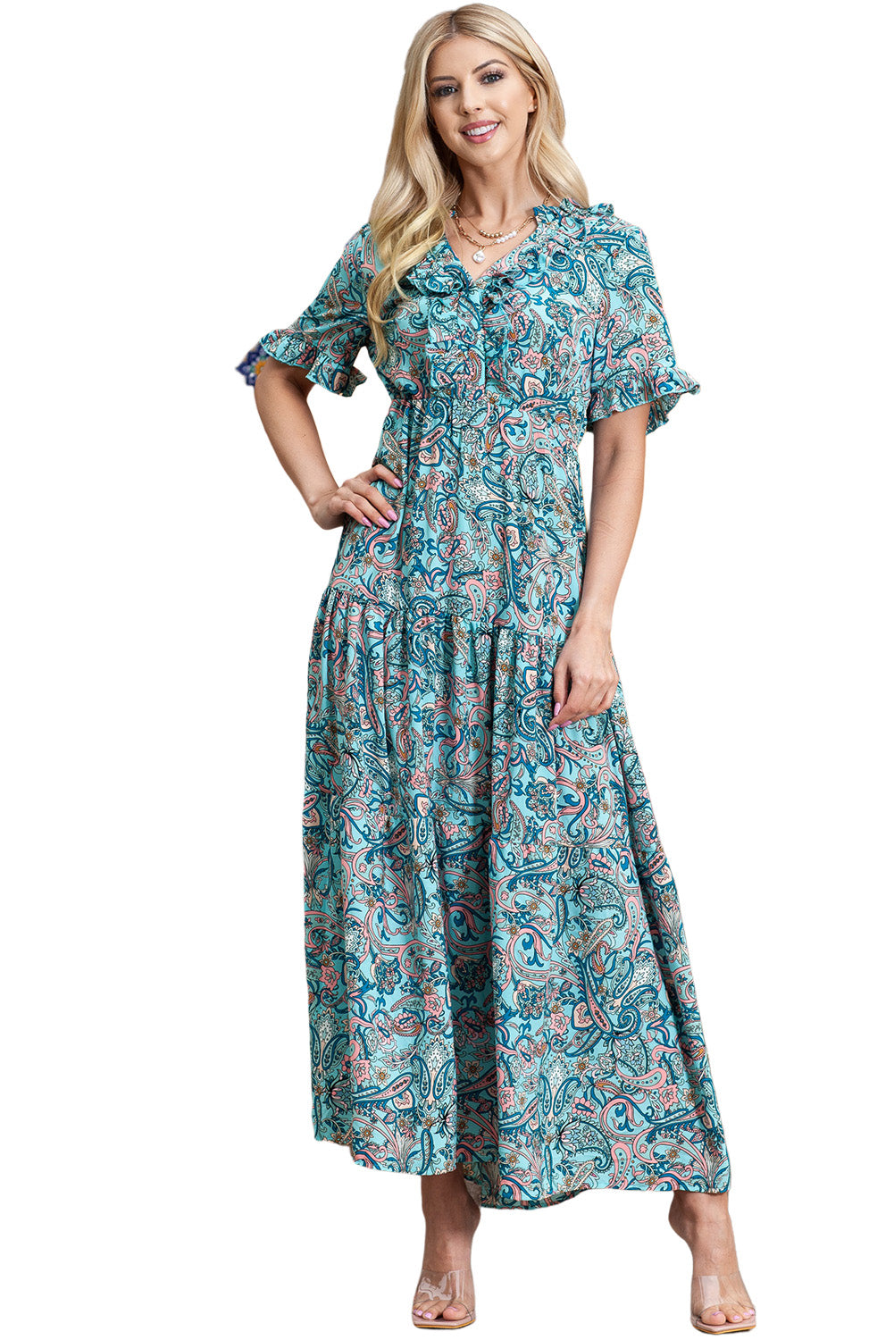 Paisley Print Split V Neck Tiered Boho Maxi Dress