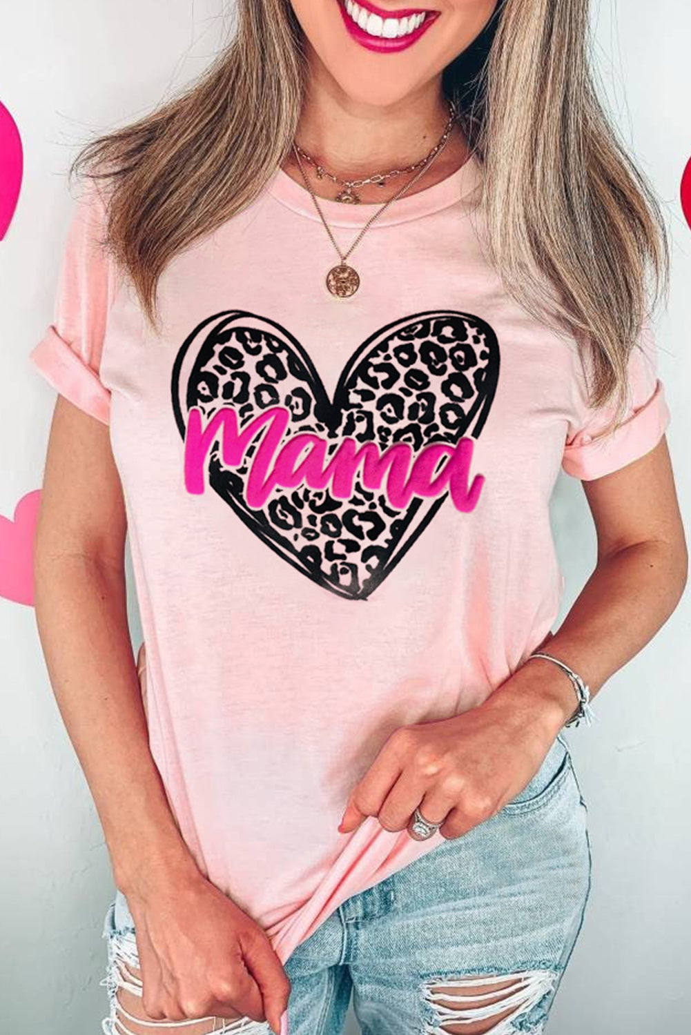 Pink mama Letter Leopard Heart Graphic Crew Neck Tee