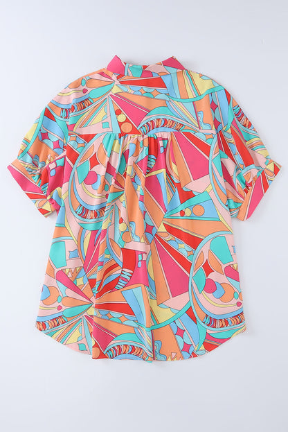 Multicolor Abstract Print Split V Neck Short Sleeve Tiered Dress