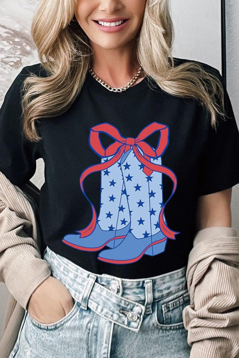 Star Boots Bow Knot Graphic Crew Neck T Shirt