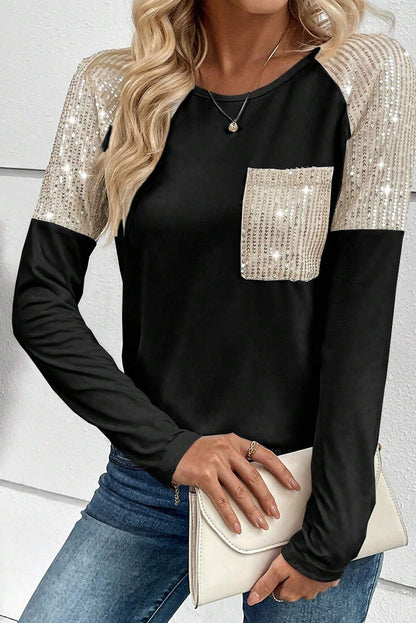 Sequin Patch Chest Pocket Raglan Sleeve Top