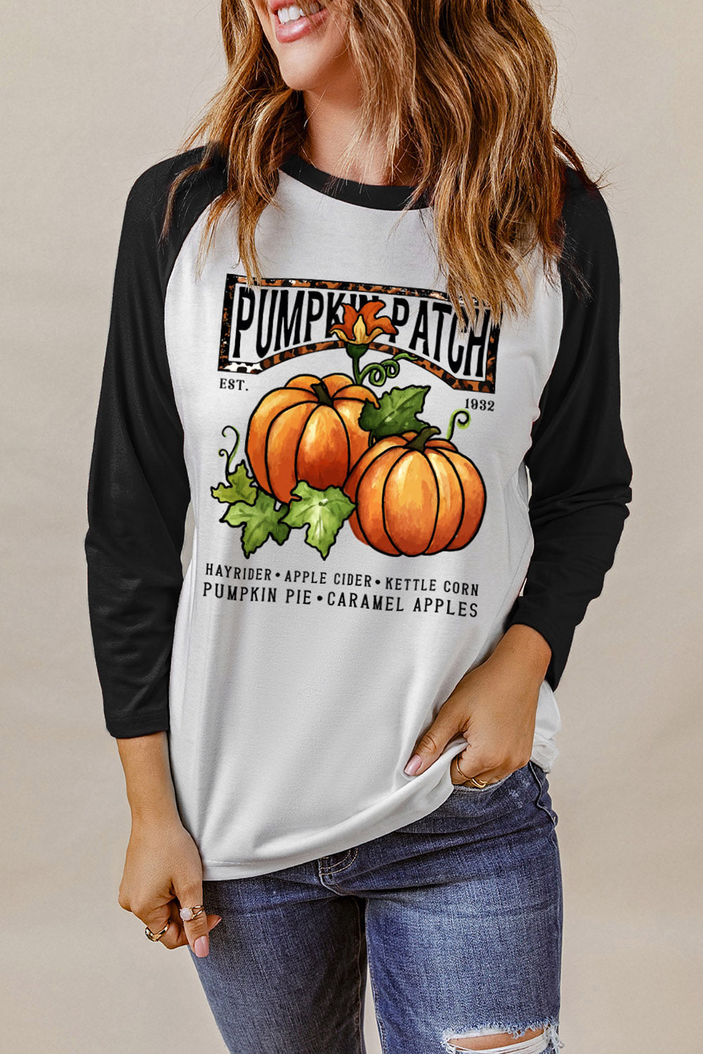 Black Fresh Pumpkin Contrast Long Sleeve Graphic Top