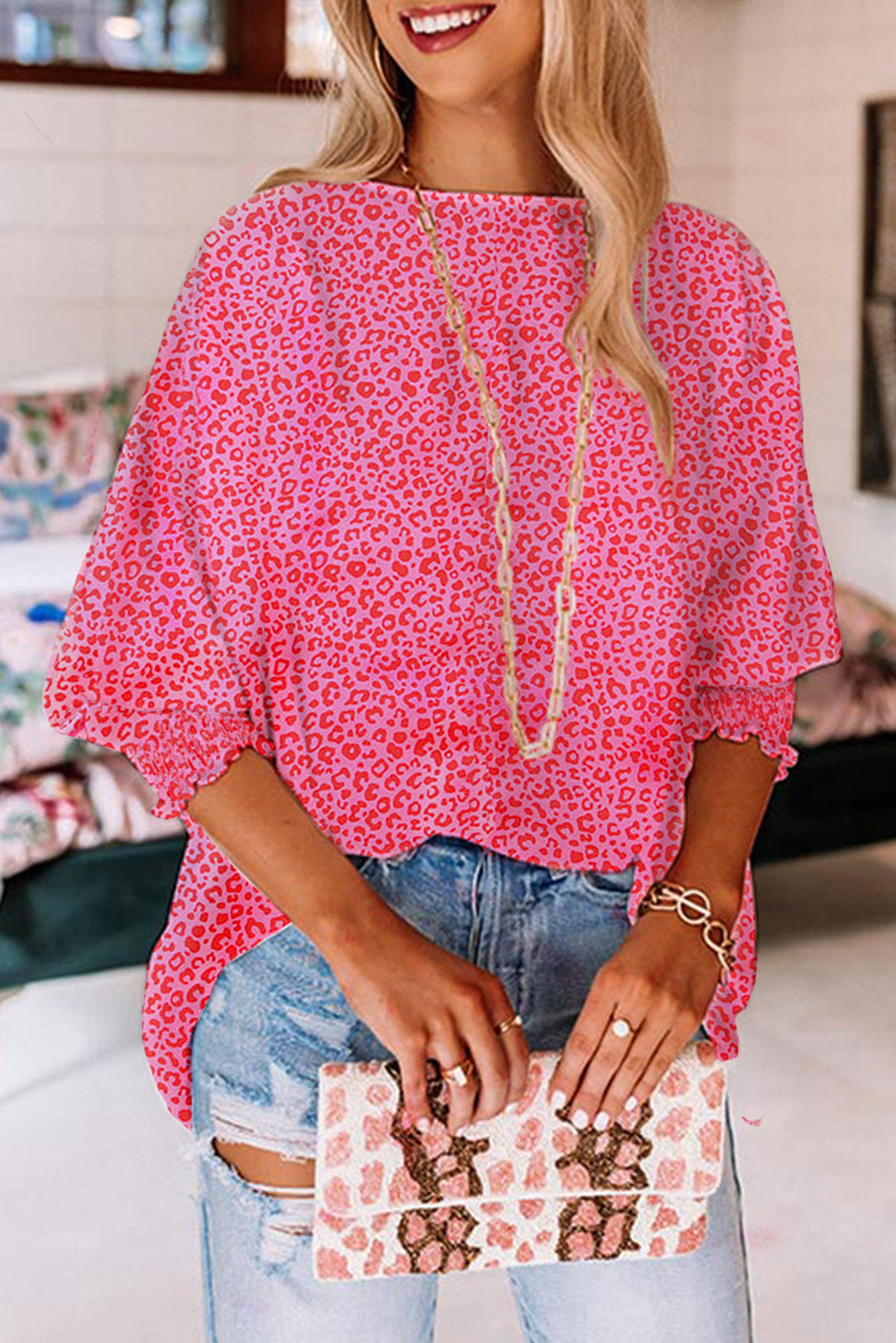 Rosy Leopard Print Oversized Casual Half Sleeve V Neck Top