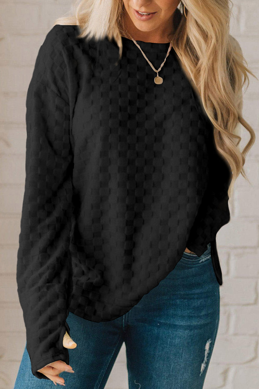 Checkered Furry Thumbhole Long Sleeve Top