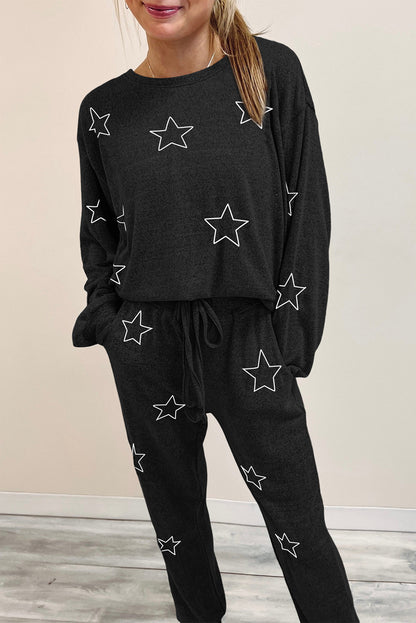 Gray Stars Print Long Sleeve Top and Drawstring Pants Set