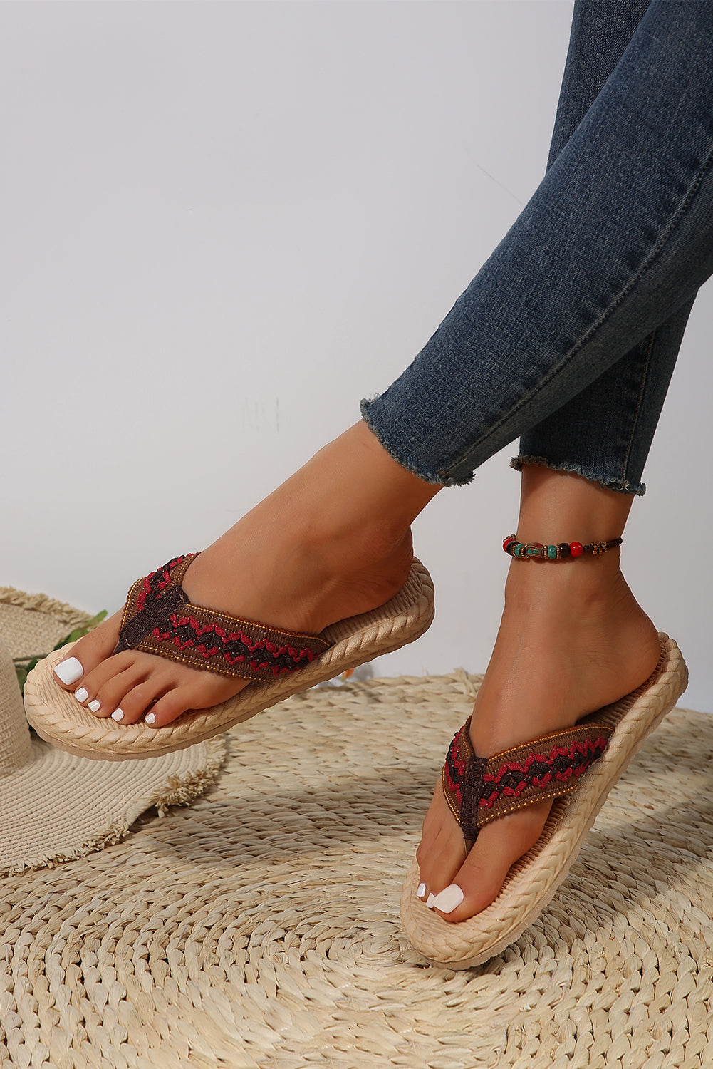 Fiery Red Woven Strap Flat Flip Flops