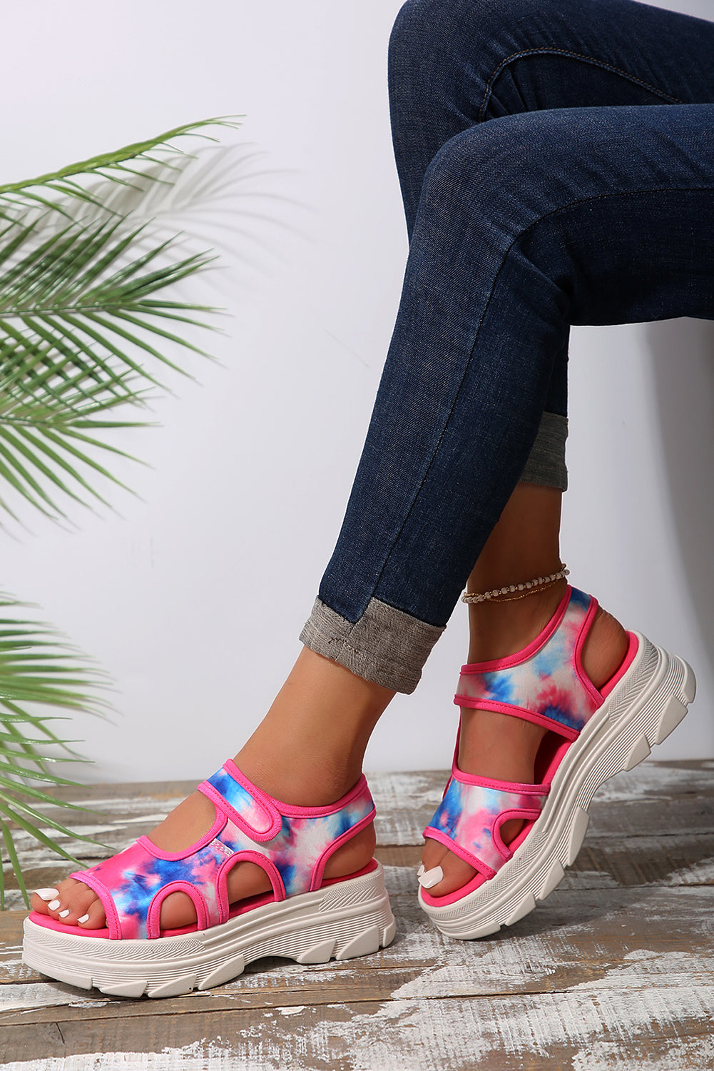 Strawberry Pink Tie Dye Print Hollow Out Platform Sandals