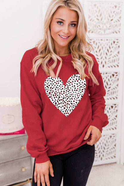 Red Valentine Leopard Heart Graphic Drop Shoulder Sweatshirt