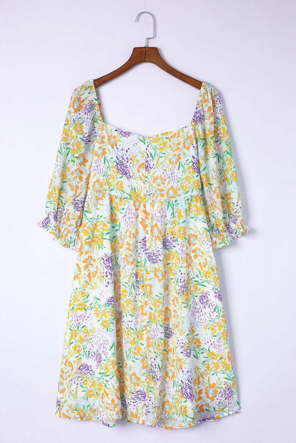 Multicolor Floral Print Ruffle Bubble Sleeve Plus Size Babydoll Dress