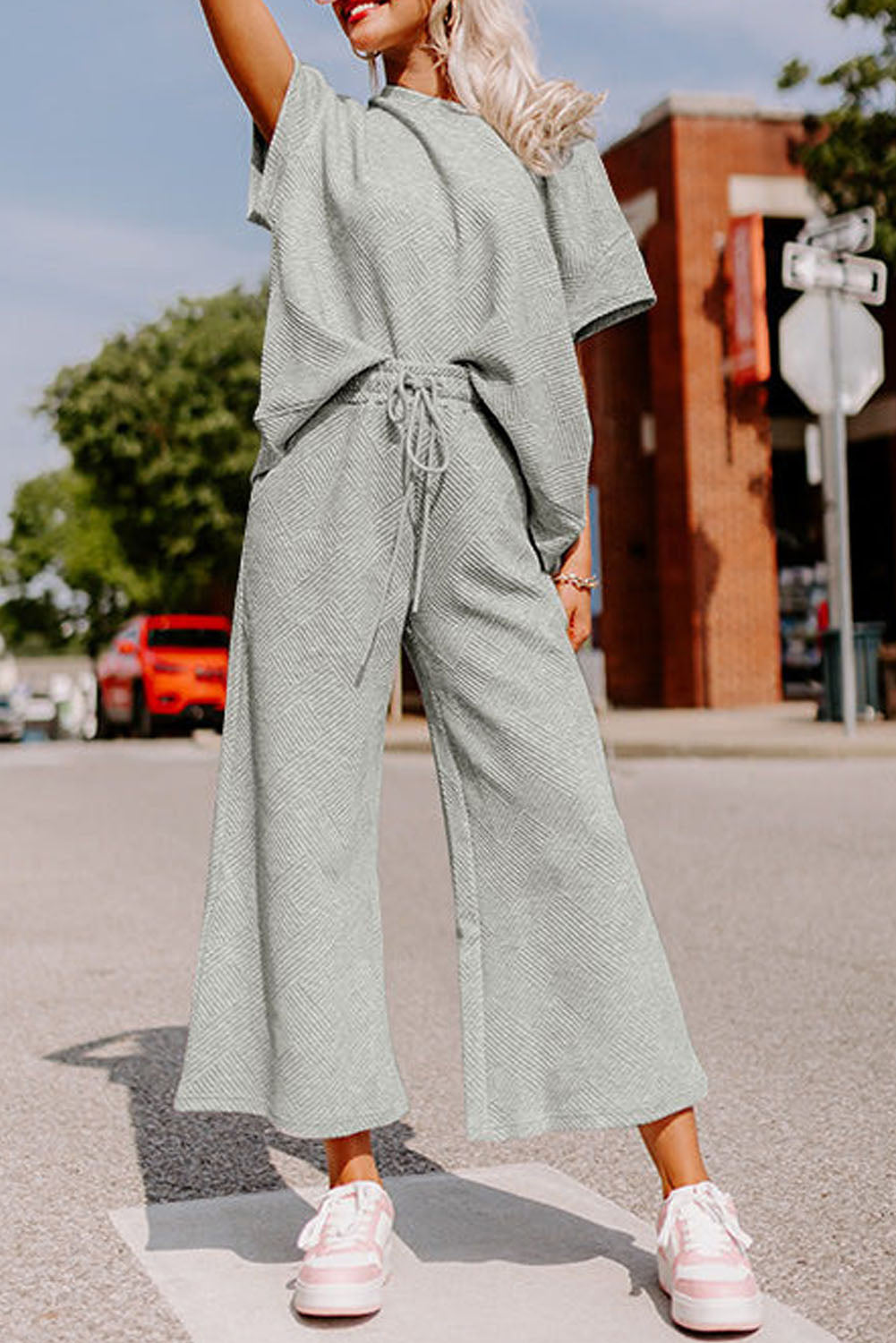 Gray Textured Loose Fit T Shirt & Drawstring Pants Set