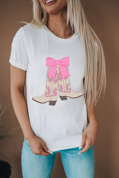 Casual Boots Bow Graphic Round Neck T Shirt