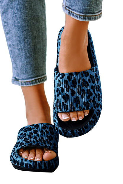 Black Leopard Print Open Toe Thick Flat Slippers