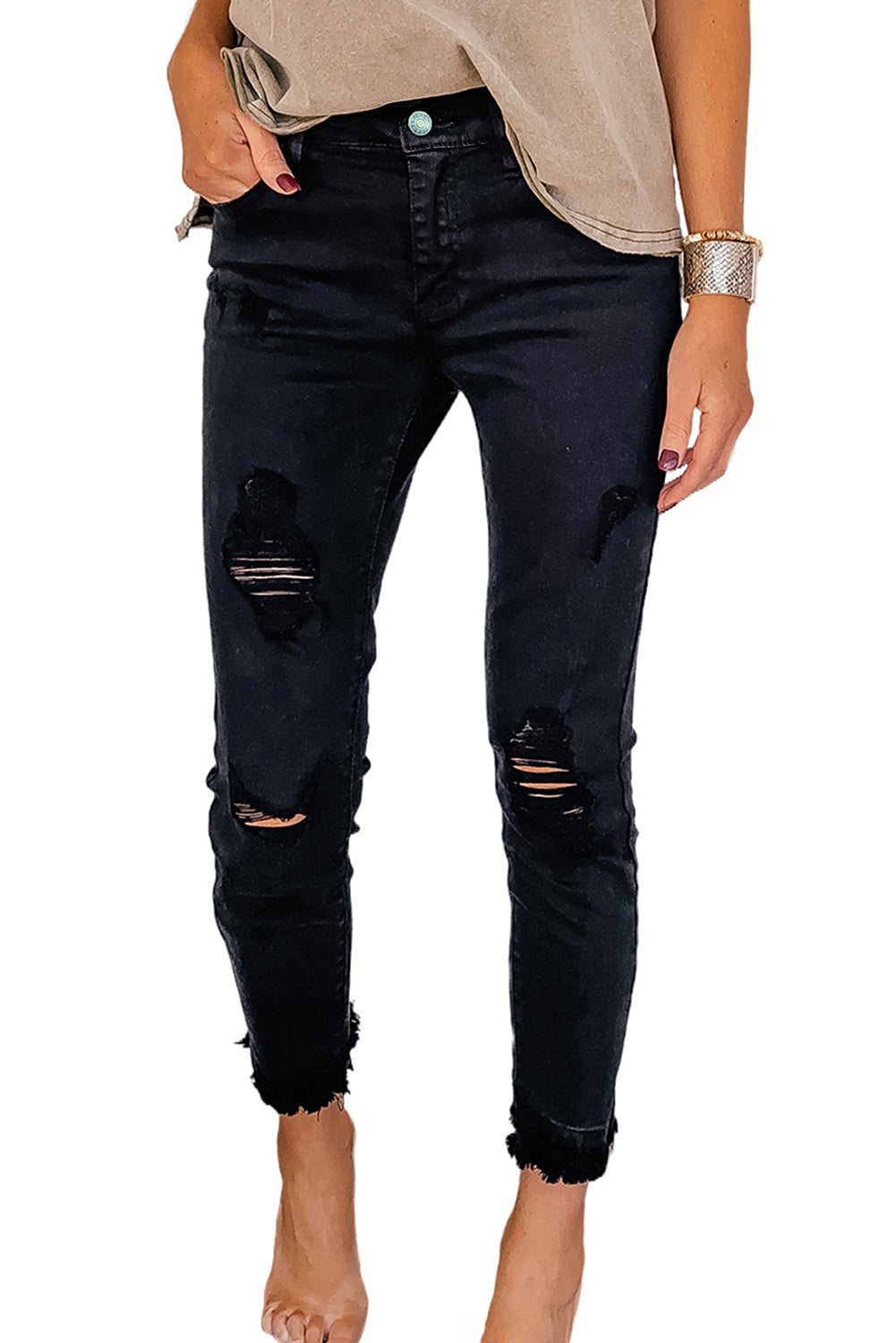 Black Distressed Raw Edge Cropped Skinny Jeans