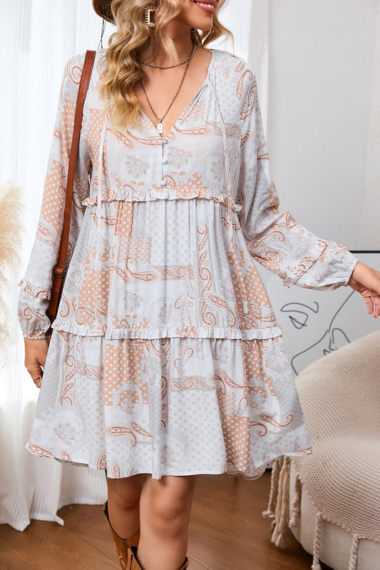 Multicolor Paisley Print Notch Neck Long Sleeve Boho Dress