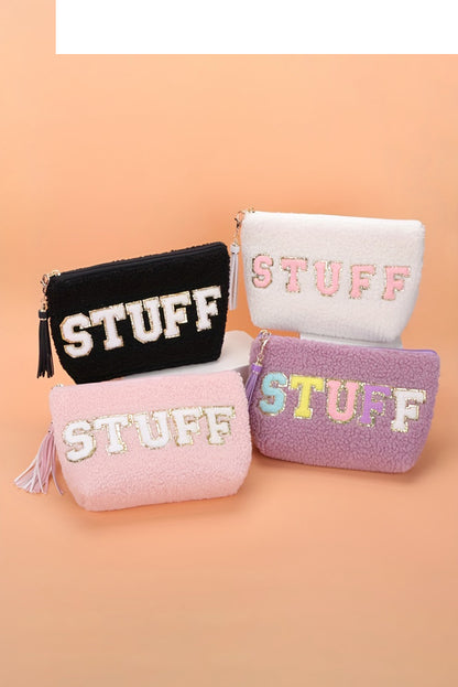 White CALM Letter Pattern Tassel Zipper Makeup Bag