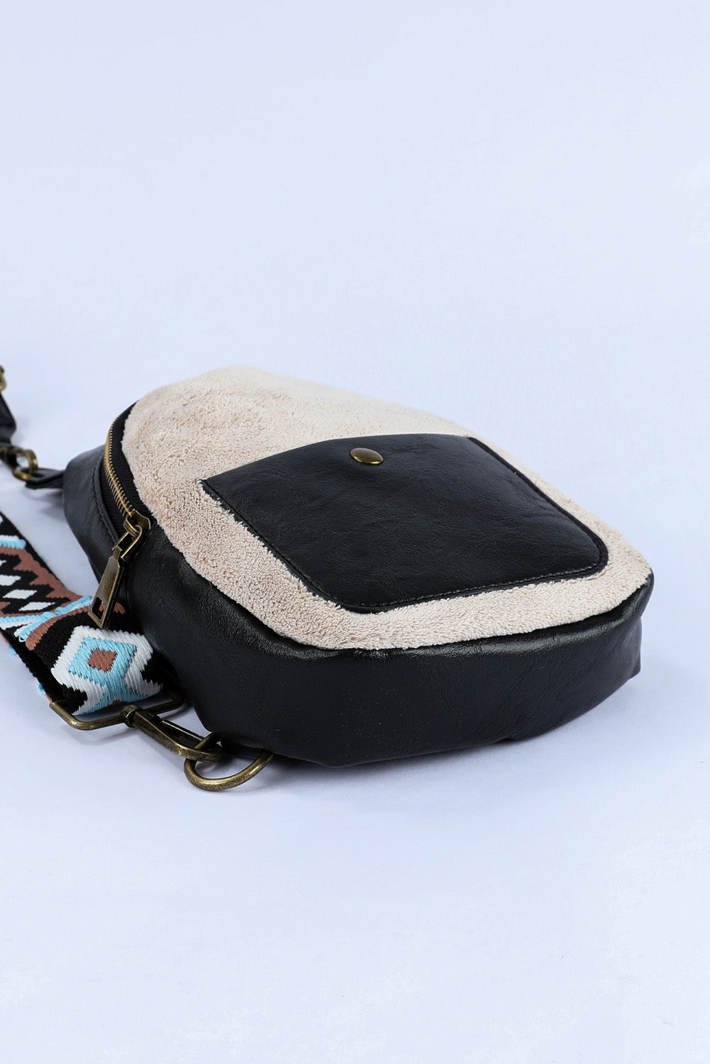 Black Colorblock Leatherette Zipper Chest Bag