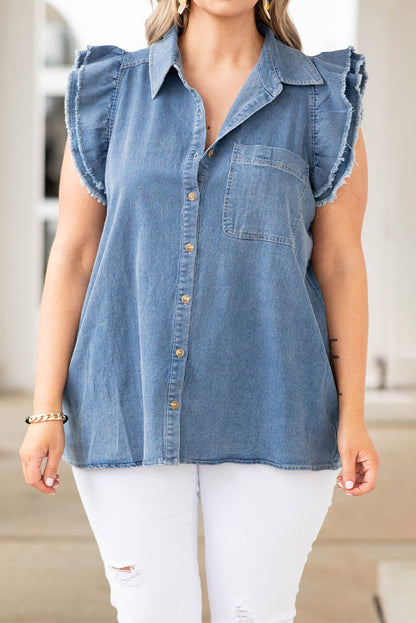 Frayed Ruffle Sleeve Plus Size Denim Shirt