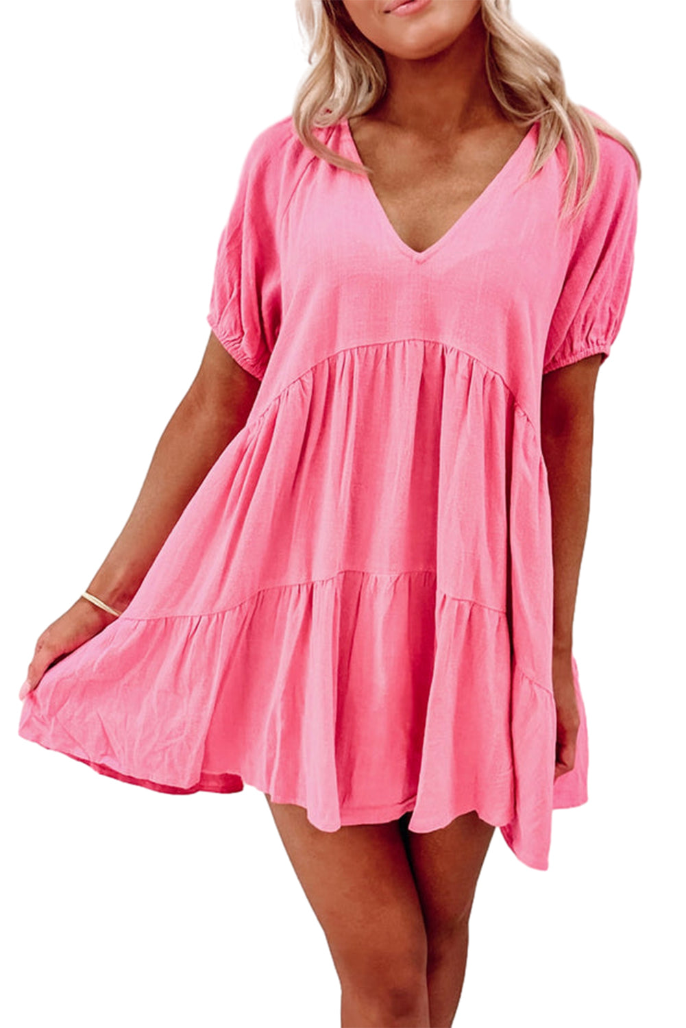 Strawberry Pink Puff Sleeve V Neck Tiered Swing Dress