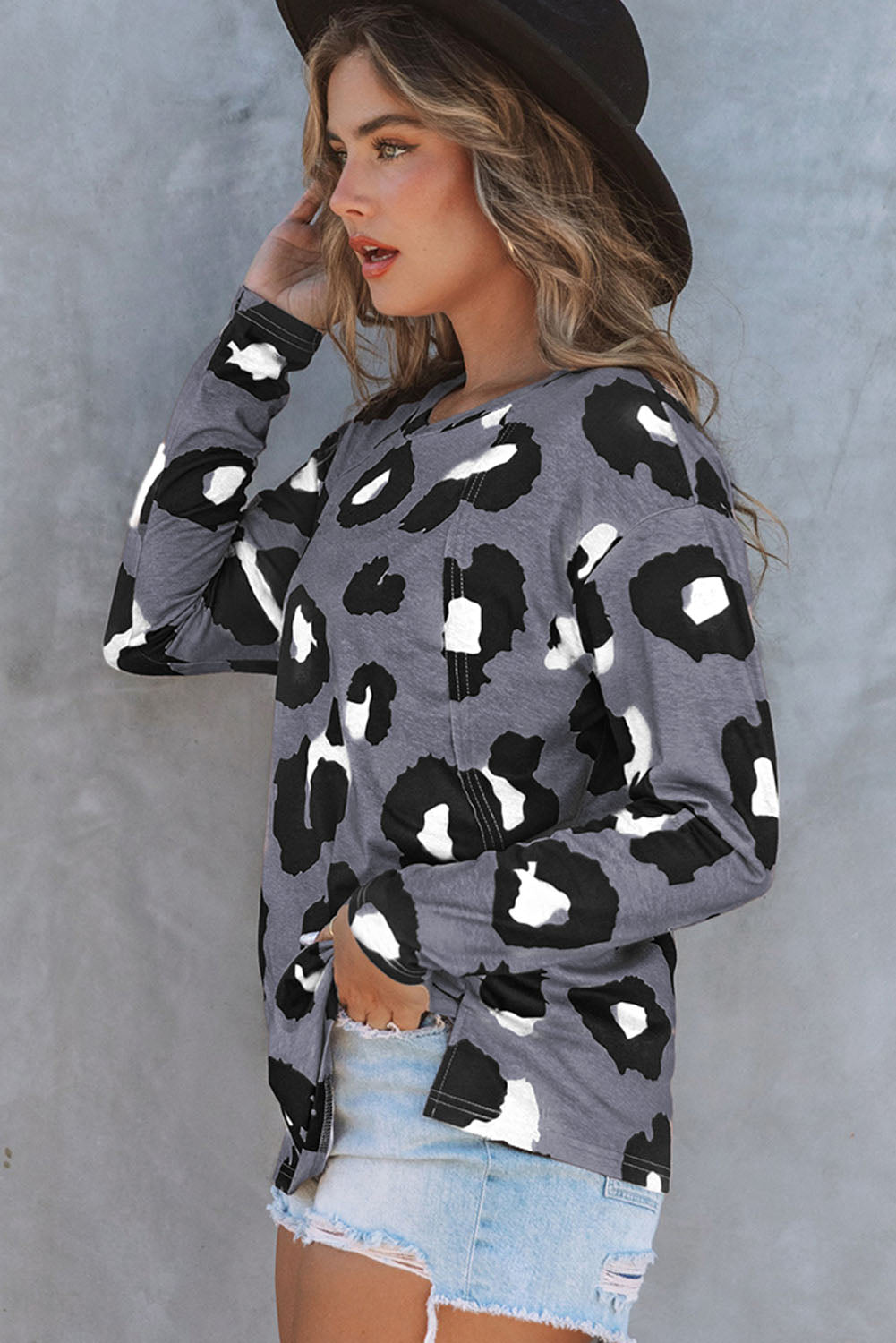 Print Drop Shoulder Pullover Long Sleeve Top