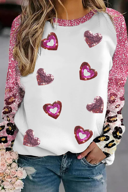 Pink Sequin Heart Shaped Graphic Leopard Long Sleeve Tee