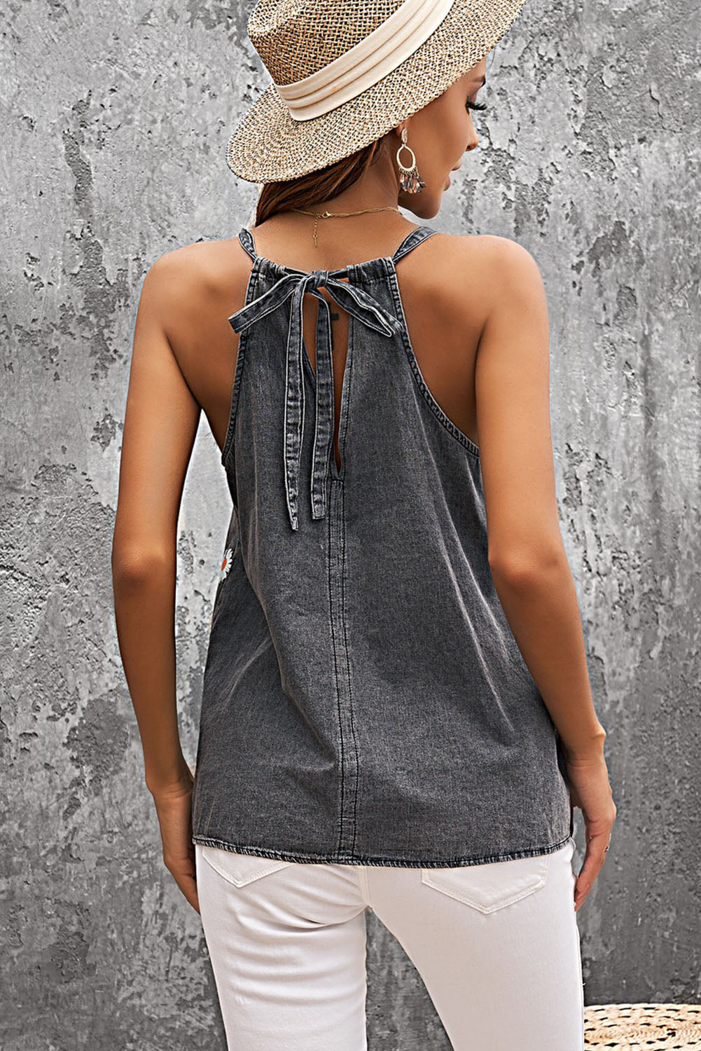 Gray Daisy Floral Print Halter Denim Tank Tops for Women