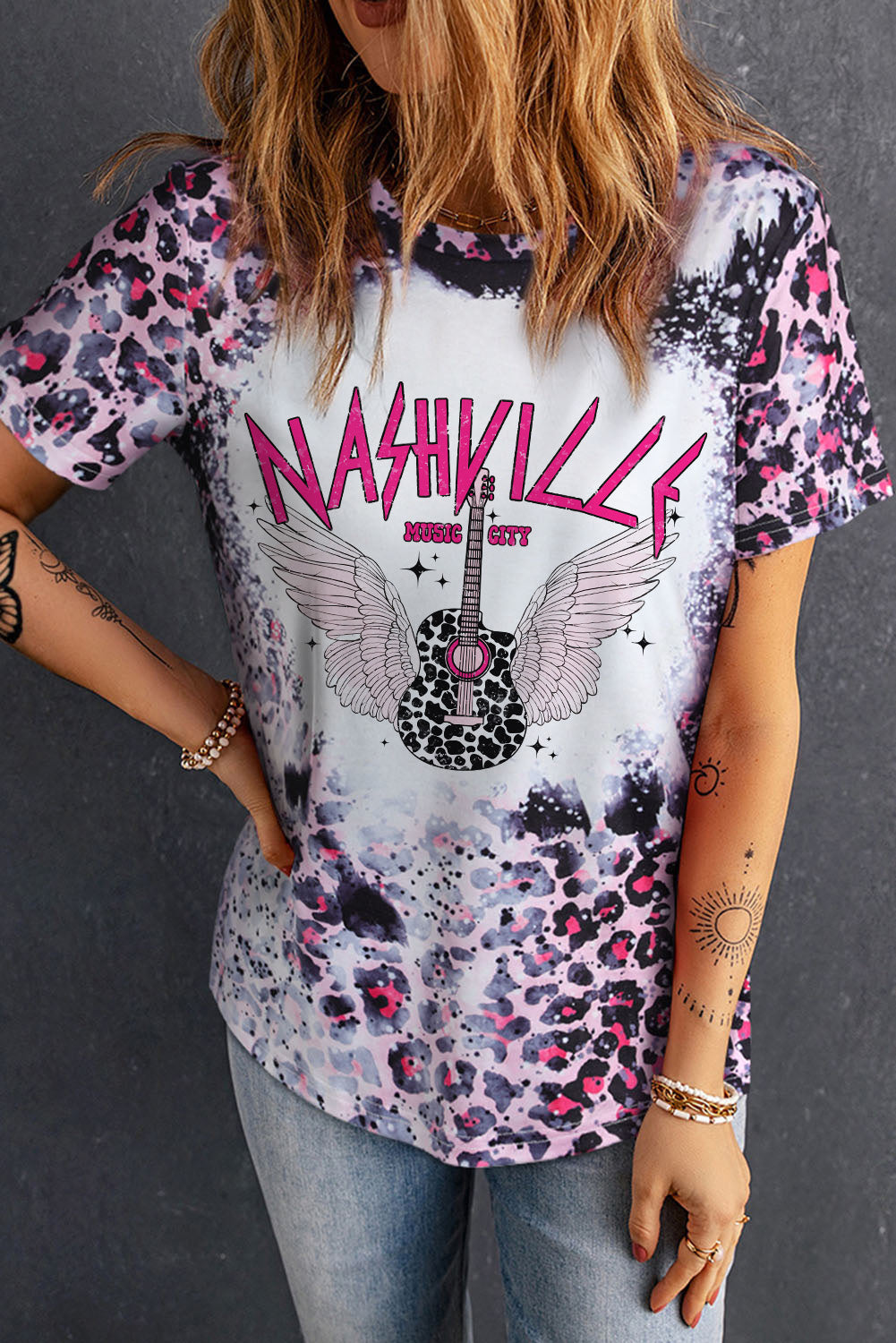 Pink NASHVILLE MUSIC CITY Graphic Bleached Leopard Tee
