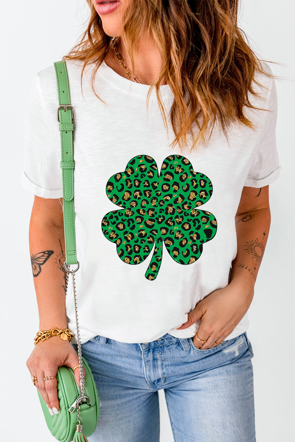 White Leopard Four Leaf Clover Graphic Round Neck Tee