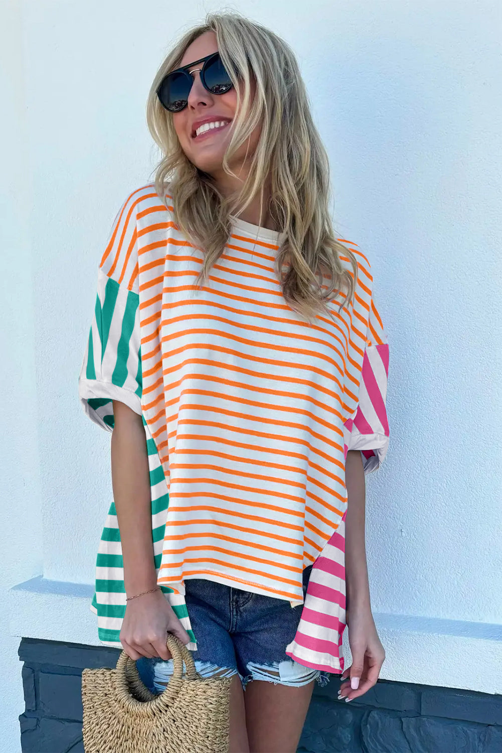 Striped Patchwork Slits Baggy T Shirt