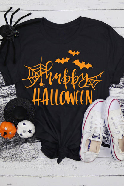 Black Happy Halloween Letter Print Graphic T-shirt