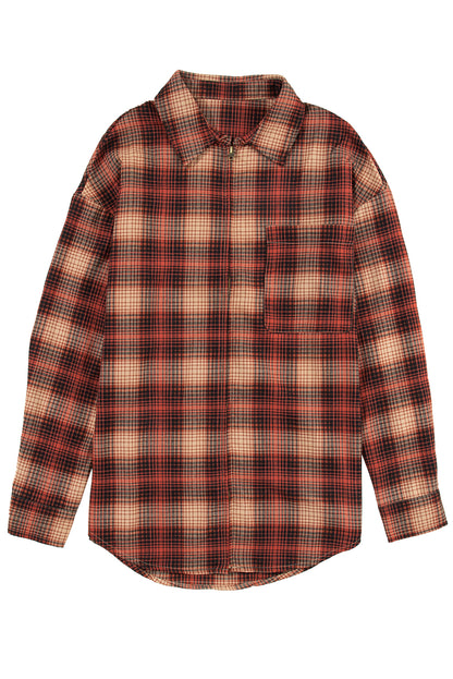 Fiery Red Plaid Print Chest Pocket Zip Up Shirt