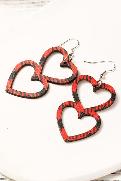 Fiery Red Valentines Day Plaid Double Love Heart Wooden Earrings