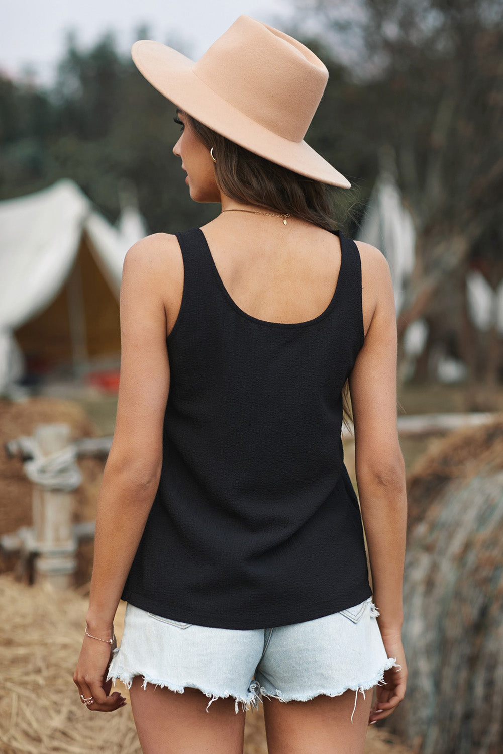 Scoop Neck Loose Fit Button Front Tank Top for Women