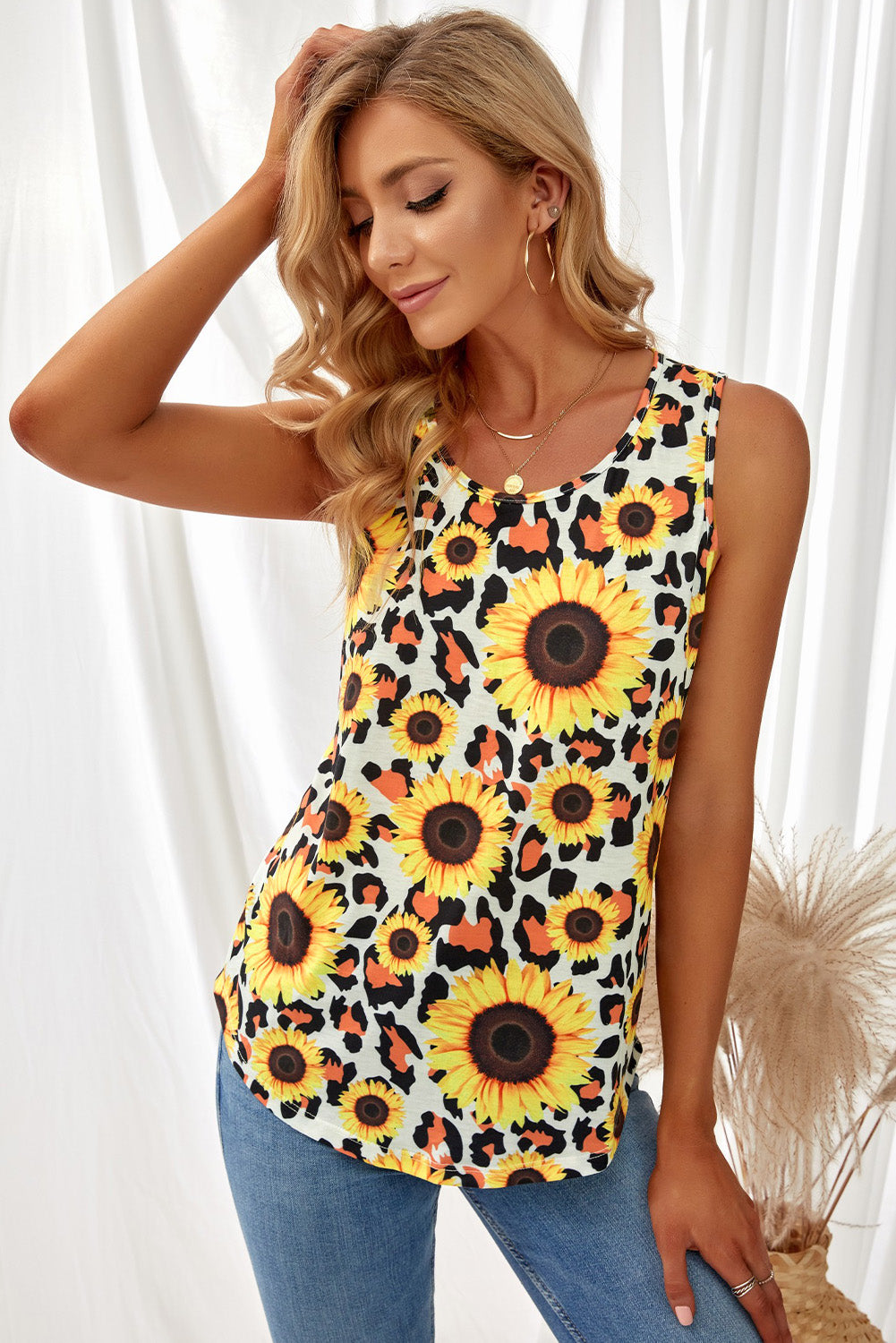 Sunflower and Cheetah Print Jewel Neckline Tank Top