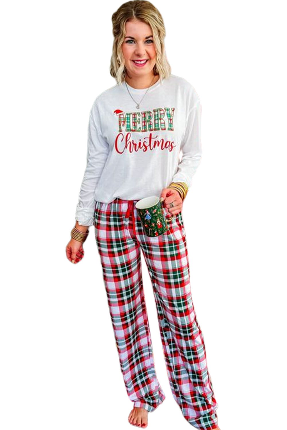 Multicolor Merry Christmas Top and Plaid Pants Pajama Set