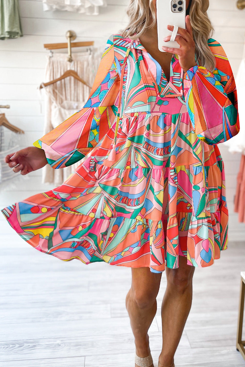 Multicolor Abstract Print Split V Neck Short Sleeve Tiered Dress