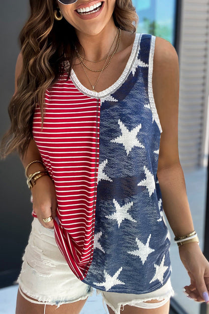 Multicolor Stripes Stars Print Knit Short Sleeve Top