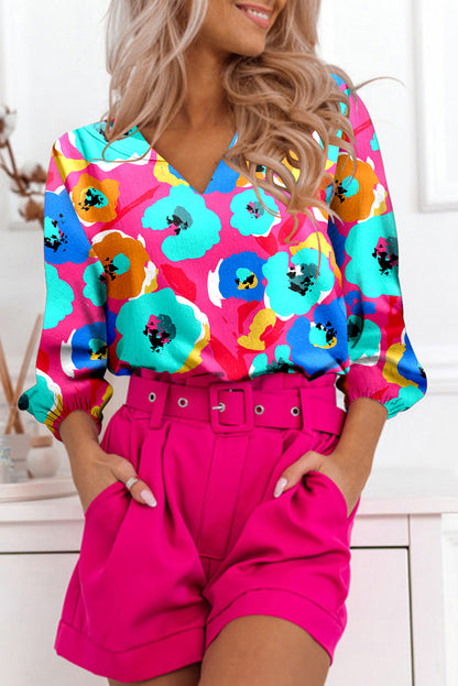 Multicolor Floral Print Casual V Neck Blouse