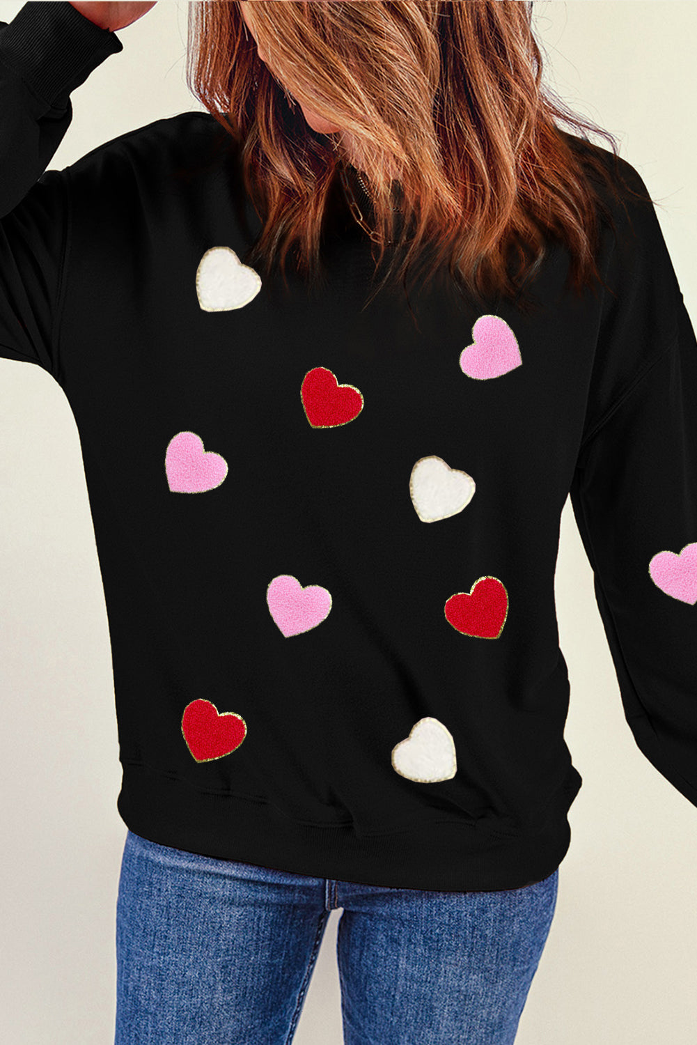 Black Heart Shaped Chenille Graphic Crew Neck Sweatshirt