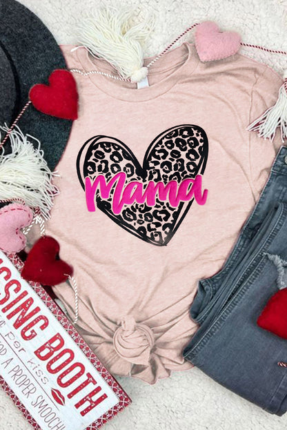 Pink mama Letter Leopard Heart Graphic Crew Neck Tee