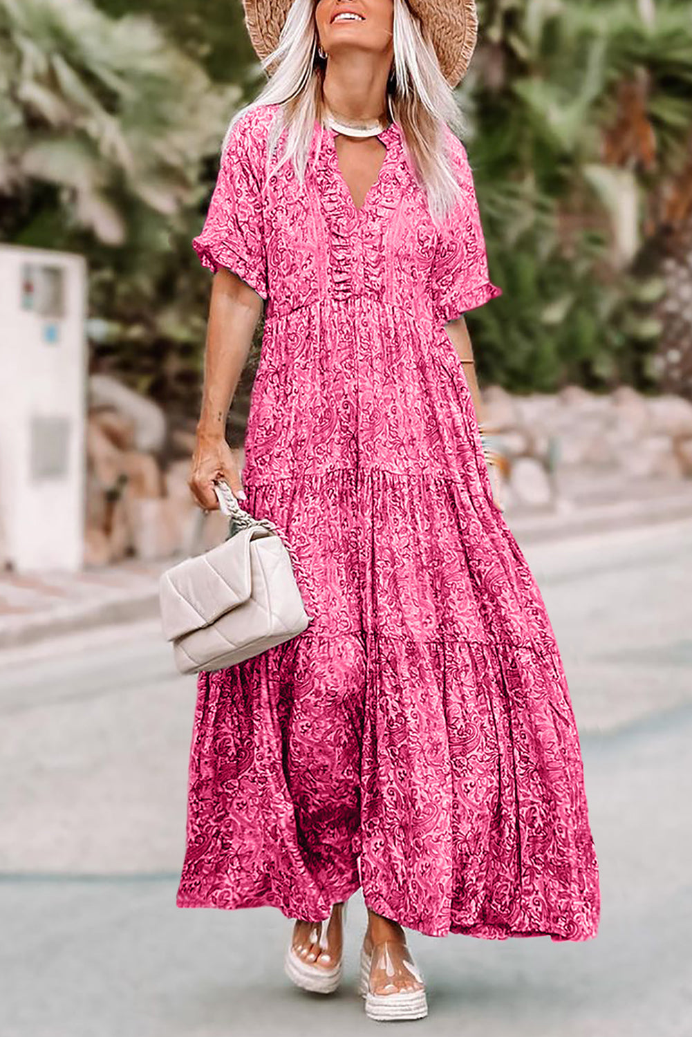 Paisley Print Split V Neck Tiered Boho Maxi Dress