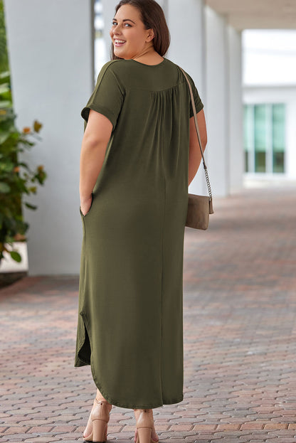 V Neck Rolled Cuffs Plus Size Maxi Dress