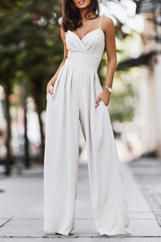 Spaghetti Straps Pleated High Waist Wide Leg Jumpsuit