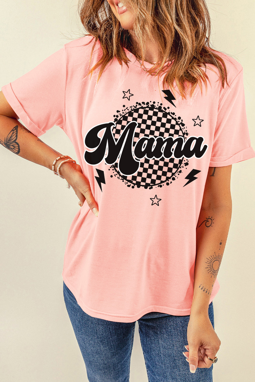 Pink Mama Checkered Graphic Crew Neck T Shirt