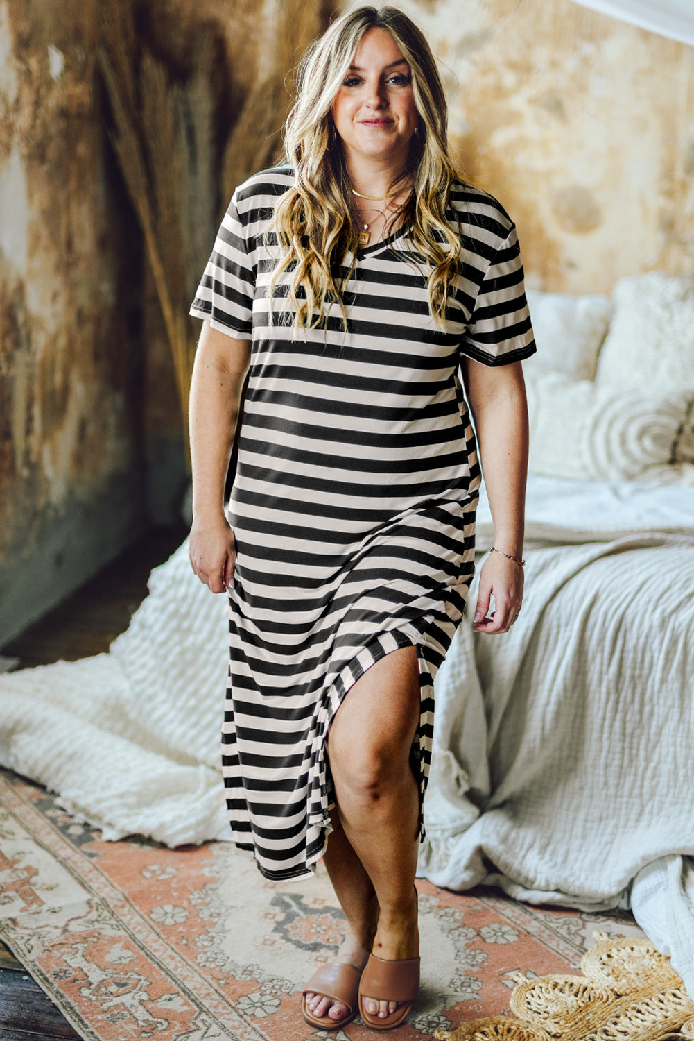Striped Print Plus Size Long T-shirt Dress
