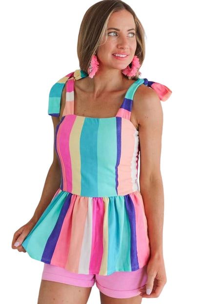 Multicolor Striped Print Bow Knot Straps Sleeveless Maxi Dress