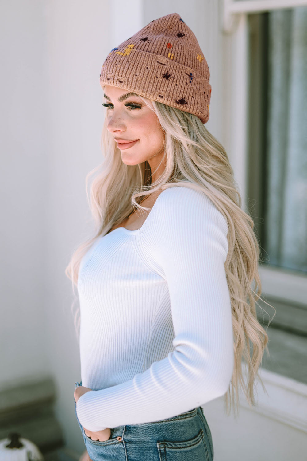 Apricot Splashed Detail Knitted Beanie