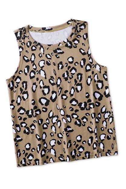 Khaki Cheetah Print Sleeveless Crew Neck Tank Top