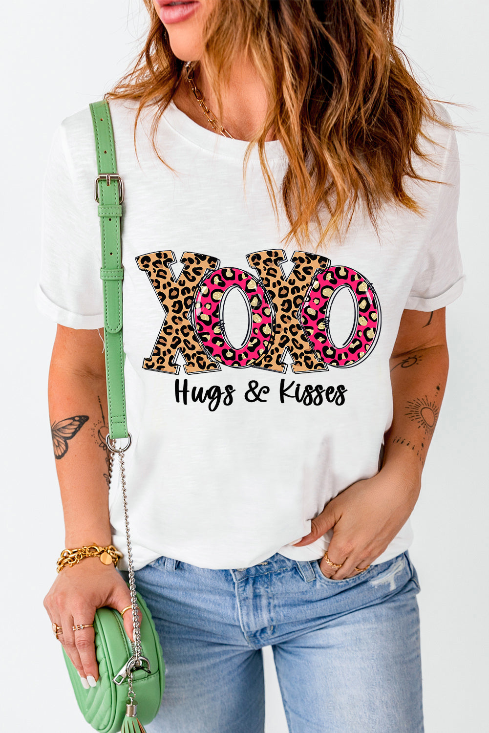 White Valentine XOXO Leopard Graphic Crew Neck T Shirt