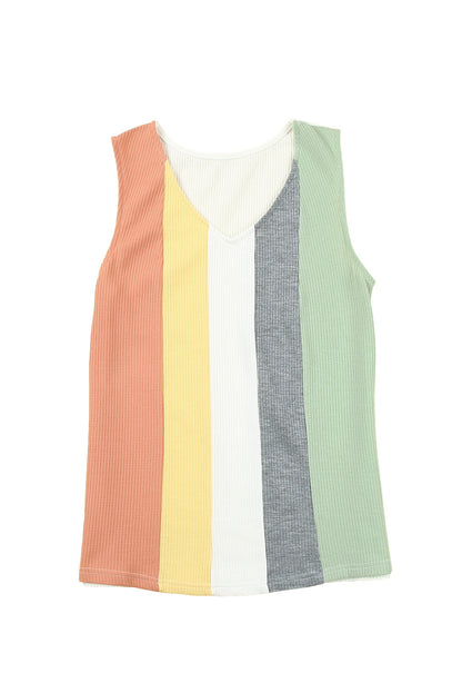 Multicolor Color Block Casual V Neck Waffle Knit Tank Top