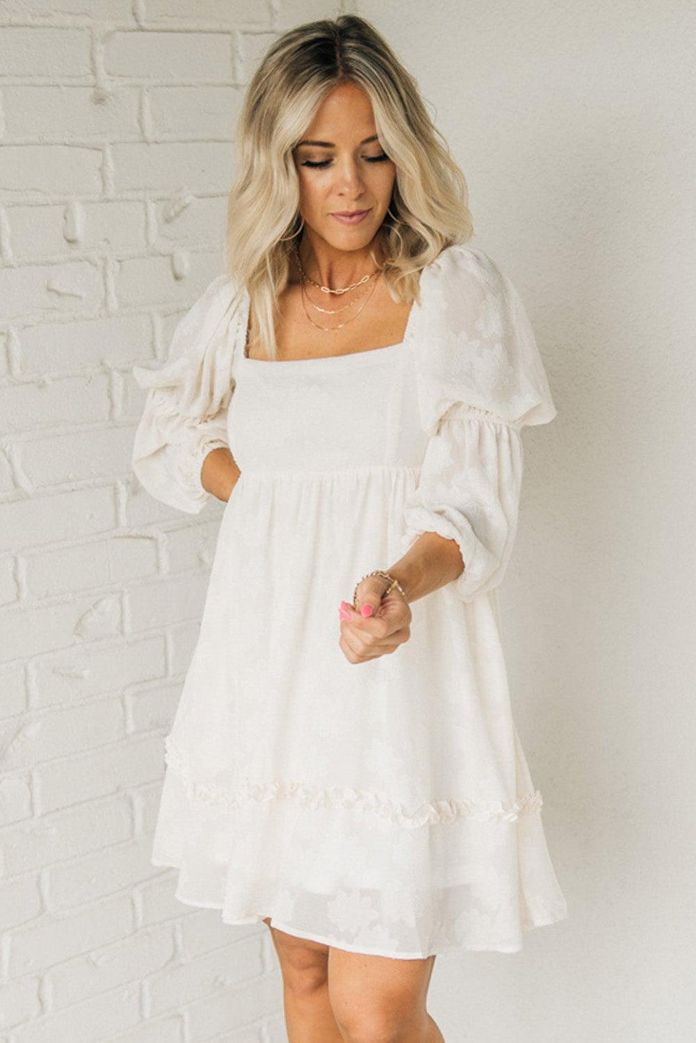 White Jacquard Square Neck Bubble Sleeve Dress